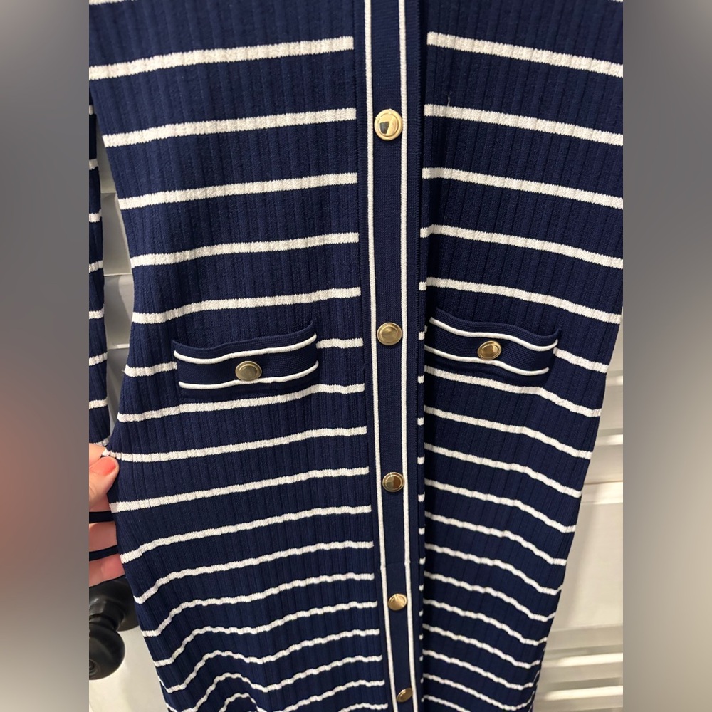 J. CREW Button-Up Sweater Dress in Stripe Navy White Midi Size Small - Picture 6 of 8